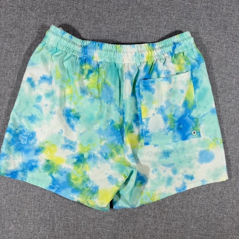 Cabana by Crown & Ivy Swim Trunks Men L Blue Yellow Tie Dye Tropical Beach Short